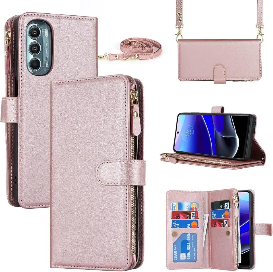 iCoverCase for Motorola Moto G Stylus 5G 2022 Wallet Case with Card Holder, Kickstand Feature PU Leather Case with Adjustable Crossbody Lanyard Magnetic Clasp Zipper Pocket Flip Cover (Rose Gold)