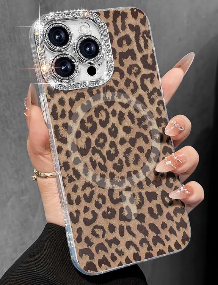 Toycamp Compatible with iPhone 16 Pro Case - Compatible with Magsafe Aesthetic Cute Brown Leopard Holographic i 16 Pro Case with Diamond Bling Lens Protector for Apple 16 Pro Cover for Women Girls