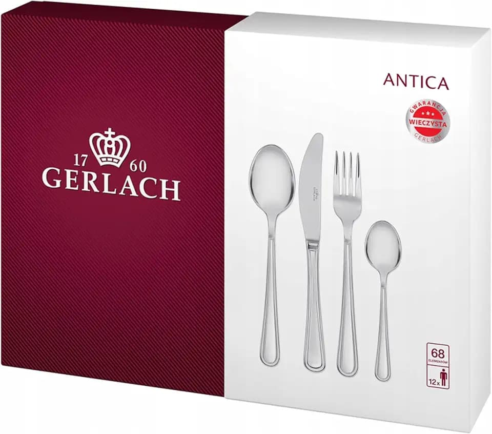 Gerlach Antica Besteck-Set im Koffer 12 Personen Spülmaschinenfest Essbesteck Edelstahl Elegantes Besteck Messer Gabel Löffel Teelöffel Tafelbesteck Kuchengabel Kuchenspachtel Rostfrei 68 Stk