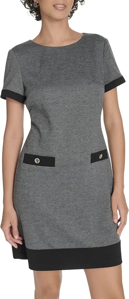 Tommy Hilfiger Women's Short Sleeve Jewel Neck Novelty Button Mini Shift Dress