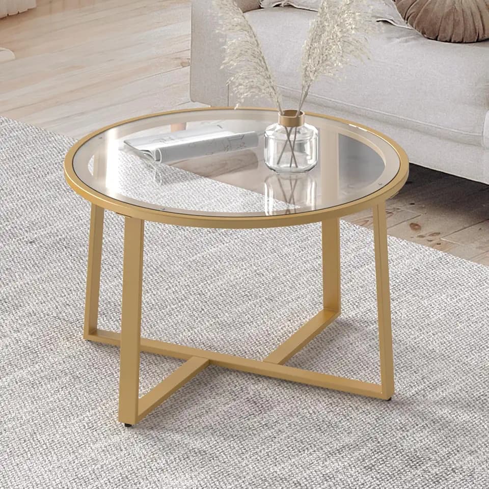 Evajoy Glass Coffee Table, 27.6" Gold Round Coffee Table with Tempered Clear Glass Surface for Living Room, Simple & Modern Center Circle Coffee Tables for Small Space, Easy Assembly