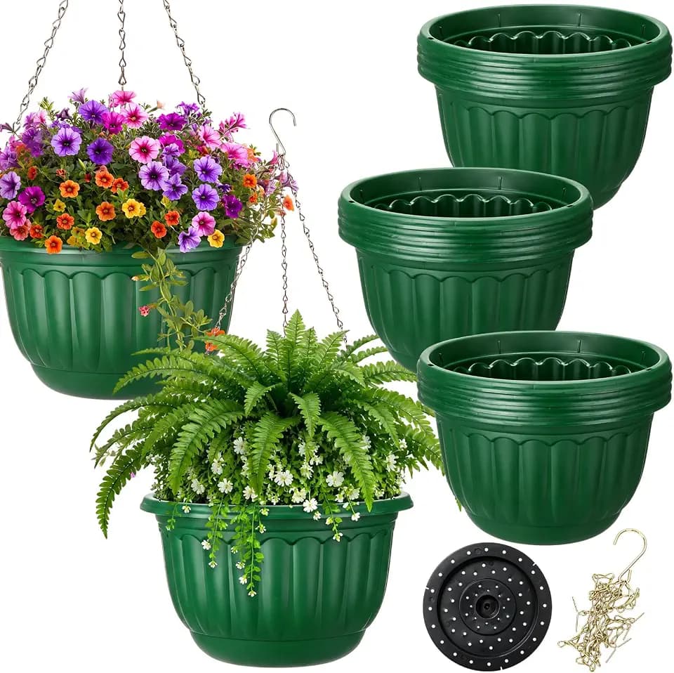 12 Sets Hanging Planters for Indoor and Outdoor Plants Self Watering Hanging Basket Flower Pots Plastic Plant Pots with Drainage Hole and Absorbing Tray (Green,11.7 Inch)