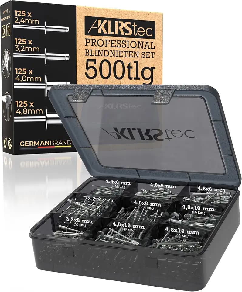 KLRStec Blindnieten Set 500 Stk Alu Popnieten 2,4–4,8 mm Nieten Sortiment