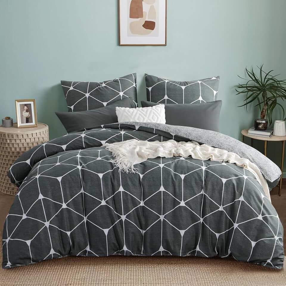 RUIKASI Bettwäsche 220x240 Baumwolle 3 teilig Anthrazit mit Kopfkissenbezug | Baumwollbettwäsche mit Reißverschluss, 1 Bettbezug 220x240cm + 2 Kissenbezüge 80x80, Geometrie Muster Cotton Bettwäsche-Sets