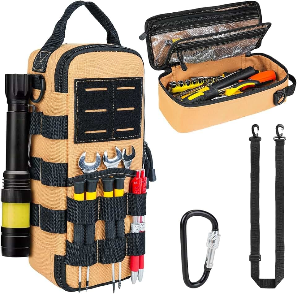 Heavy Duty Small Tool Bags for Men with Carabiner,Tactical Tool Pouch Bag,Portable Utility Tools Storage Organizer Case with Shoulder Strap for EDC,Motorcycle,Camping,Road Trip, Electricians