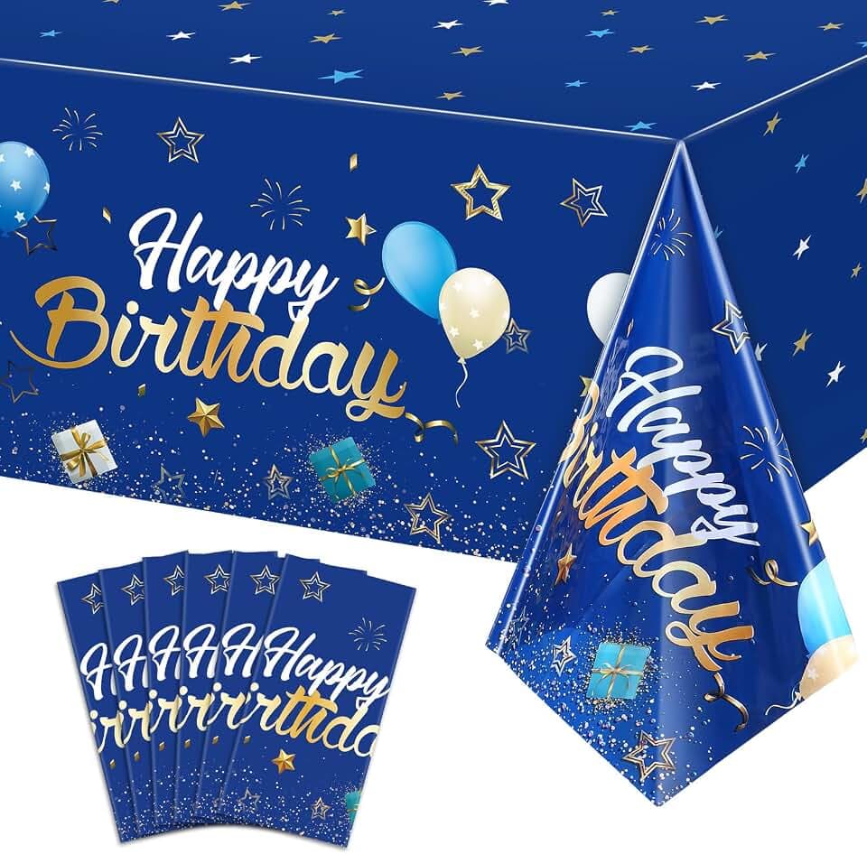 Tegeme 6 Pack Happy Birthday Table Covers Disposable,Navy Blue and Gold