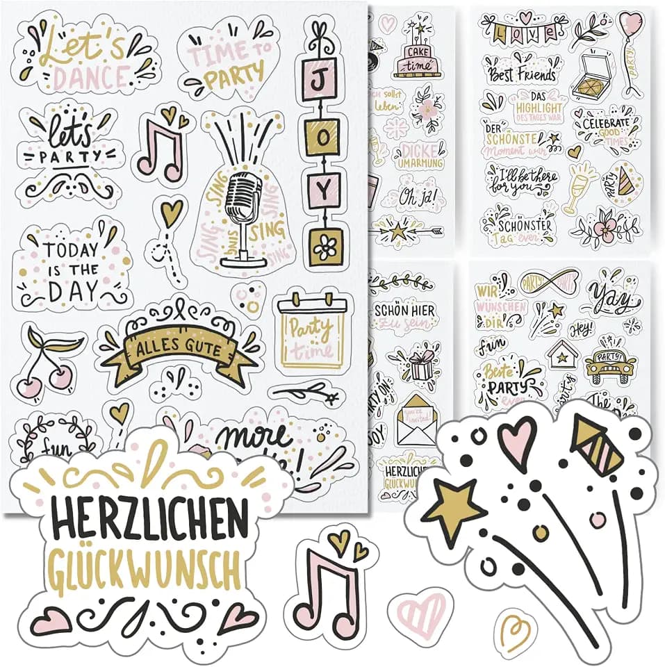 Sticker Geburtstag by snaPmee - Aufkleber für Gästebuch, Fotoalbum & Geschenke - Party-Deko für Erwachsene & Kinder - Set mit 133 Motiven auf 8 Bögen DIN-A5 (Party Gold)