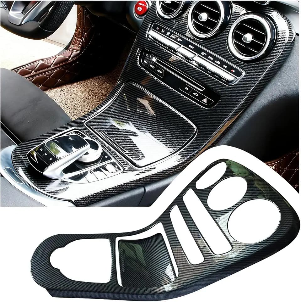 Update Full-wrap Center Console Gear Shift Panel Cover Compatible with Mercedes Benz C Class W205 2015-2018, Carbon Fiber Pattern Interior Accessories for GLC X253 2015-2018 (Without Clock)