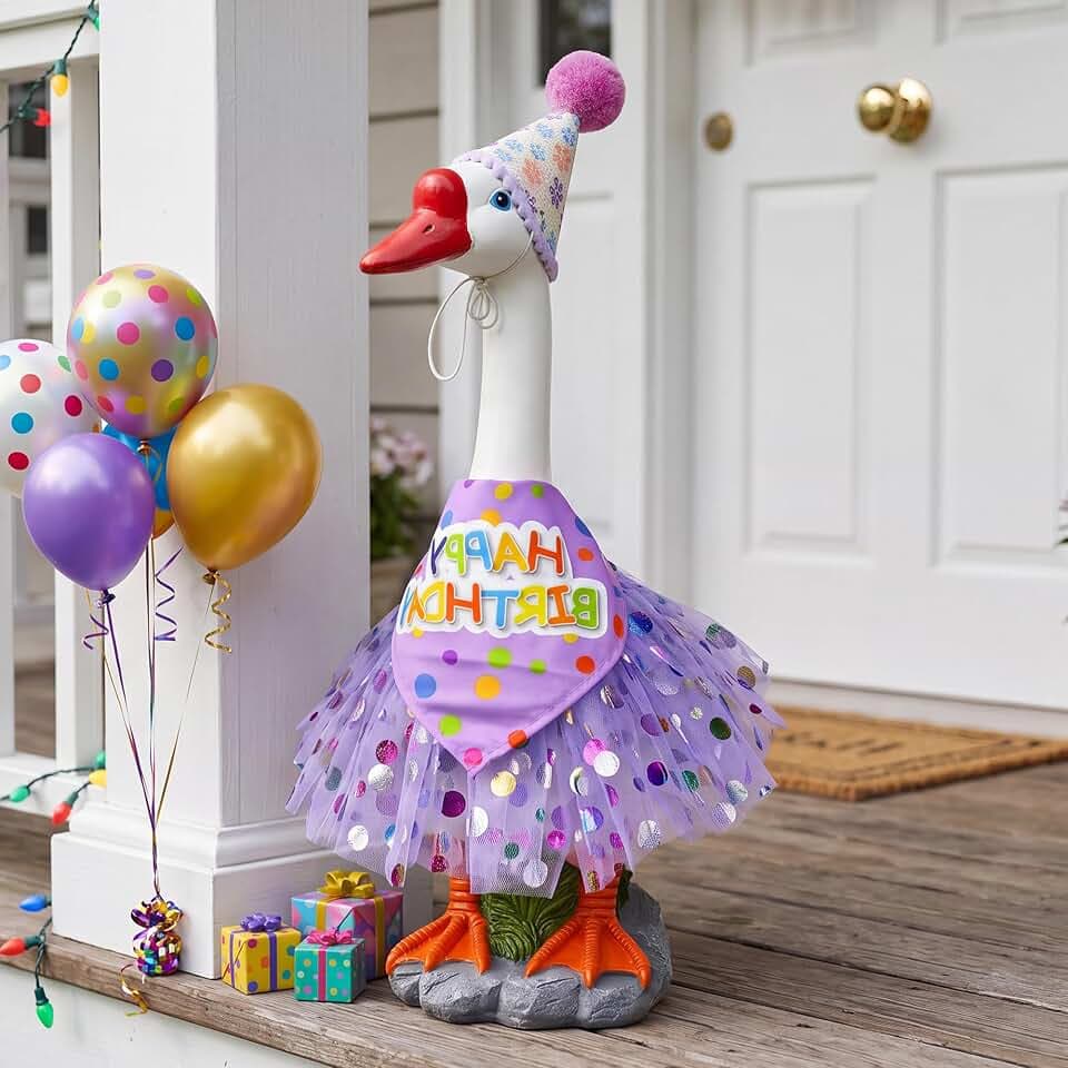 Birthday Goose Garden Statue with Party Outfit, Cute Outdoor Decor