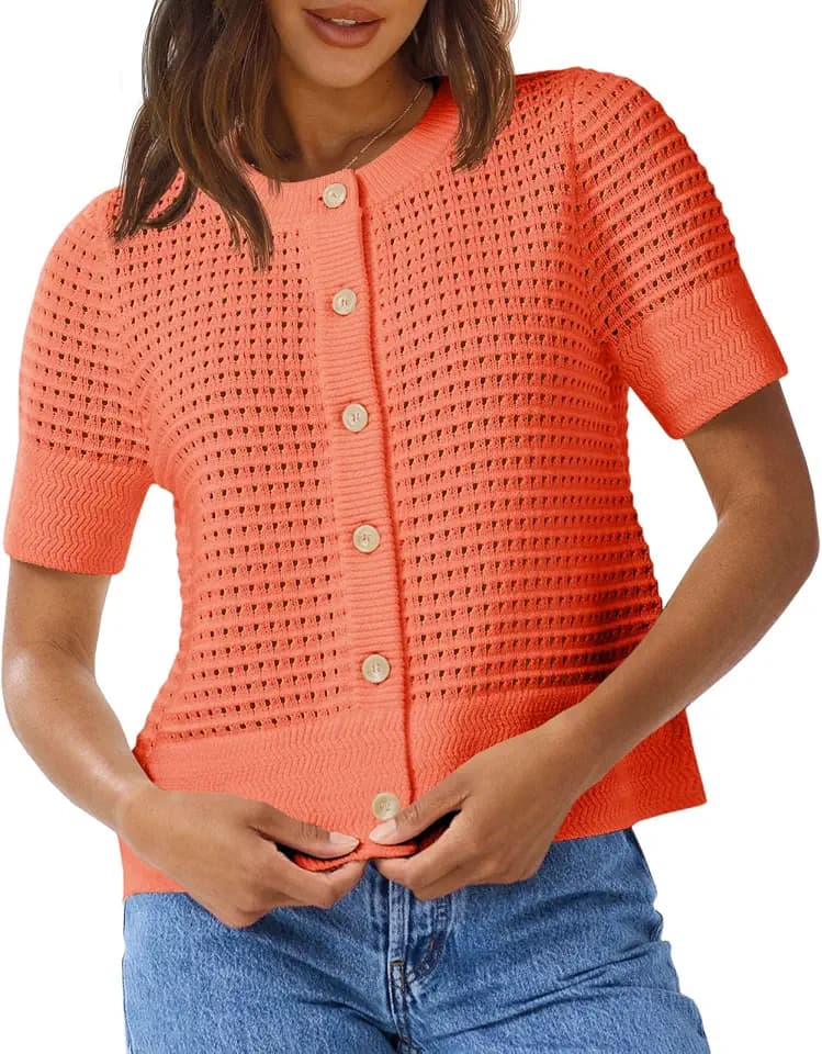 Saodimallsu Womens Crochet Short Sleeve Cardigans Summer Beach Sweater Top