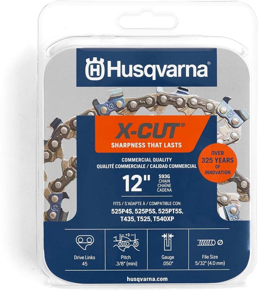 Husqvarna X-Cut S93G 30,5 cm Kettensägekette, 3/8 Zoll Mini-Teilung, 0,50 Zoll Gauge, 45 Drive Link Kettensägeblatt Ersatz, vorgespannt und niedriger Rückschlag, Grau