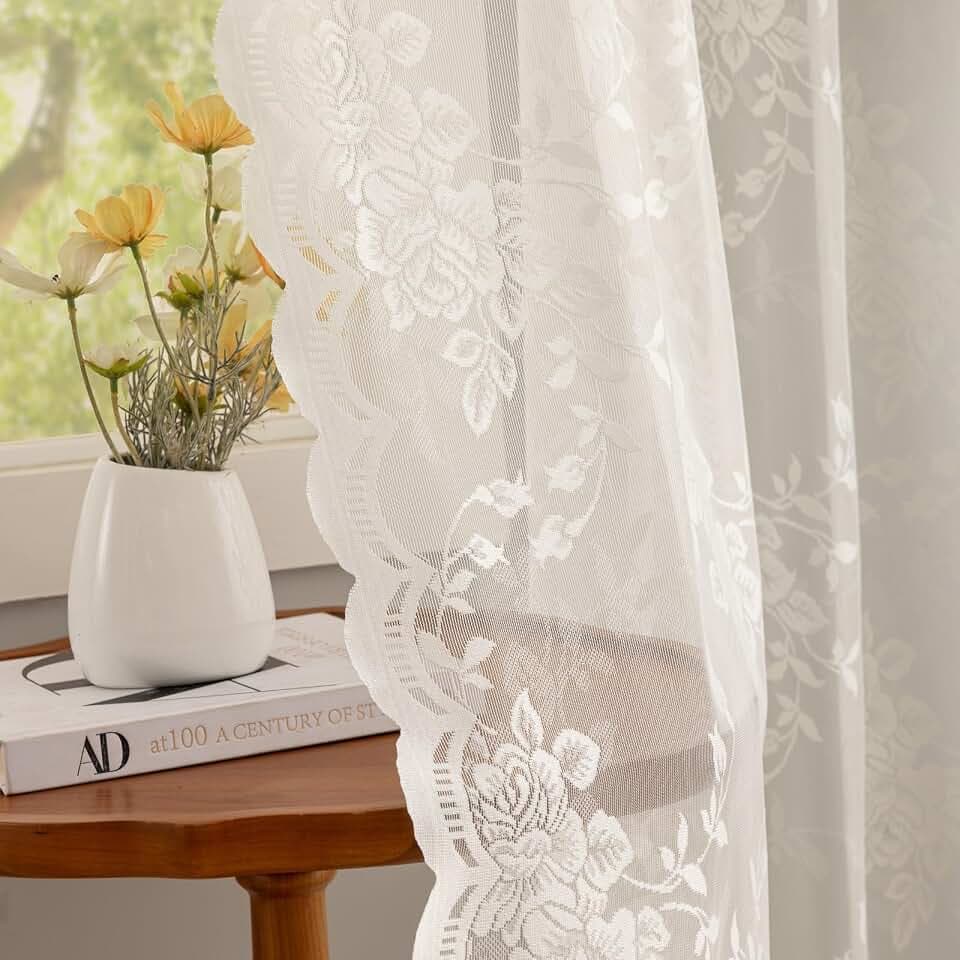 YJ YANJUN Ivory Lace Curtains 54 inch Length Vintage Victorian Floral Sheer Drapes for Dining Living Room Bedroom, 2 Panels Light Filtering Kitchen Curtain Panels for Small Windows W52 X L54 Cream