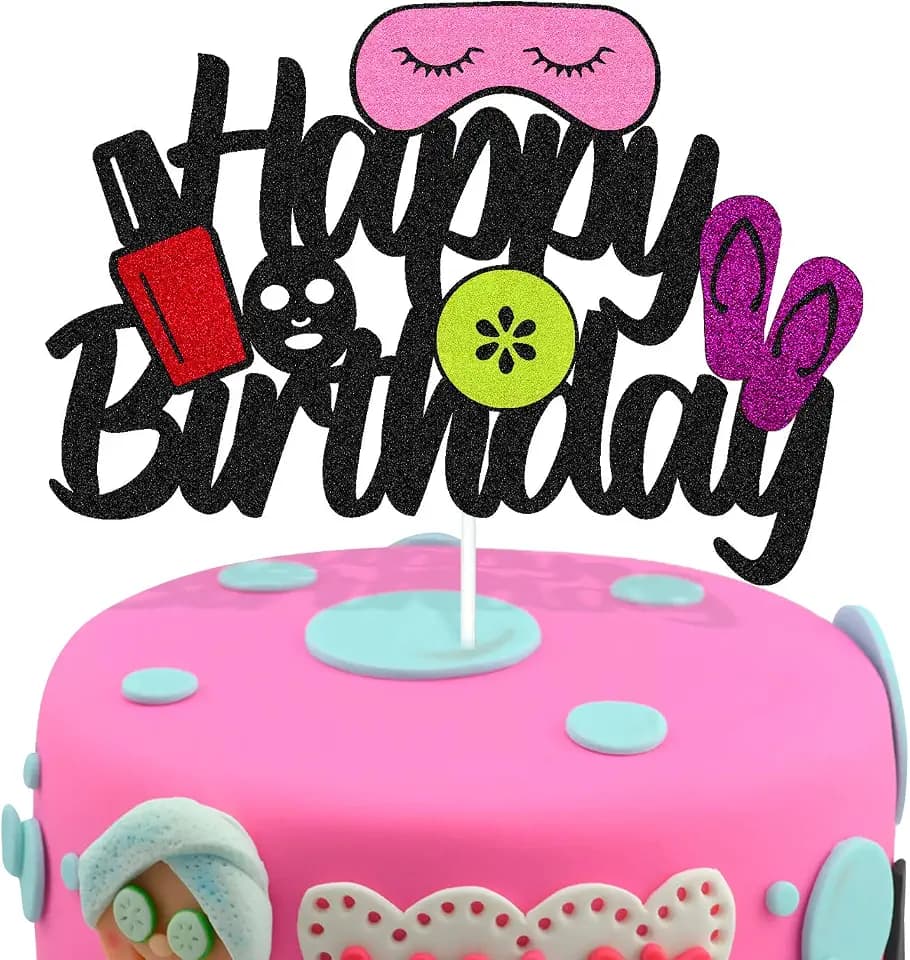 Spa Cake Topper Happy Birthday Sign Cake Decorations for Girl Women Female Makeup Spa Day Masquerade Cosmetics Theme Birthday Party Supplies Black Glitter Décor