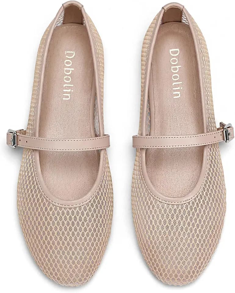 DOBOLIN Womens Mesh Ballet Flats Mary Jane Round Toe Buckle Strap Shoes