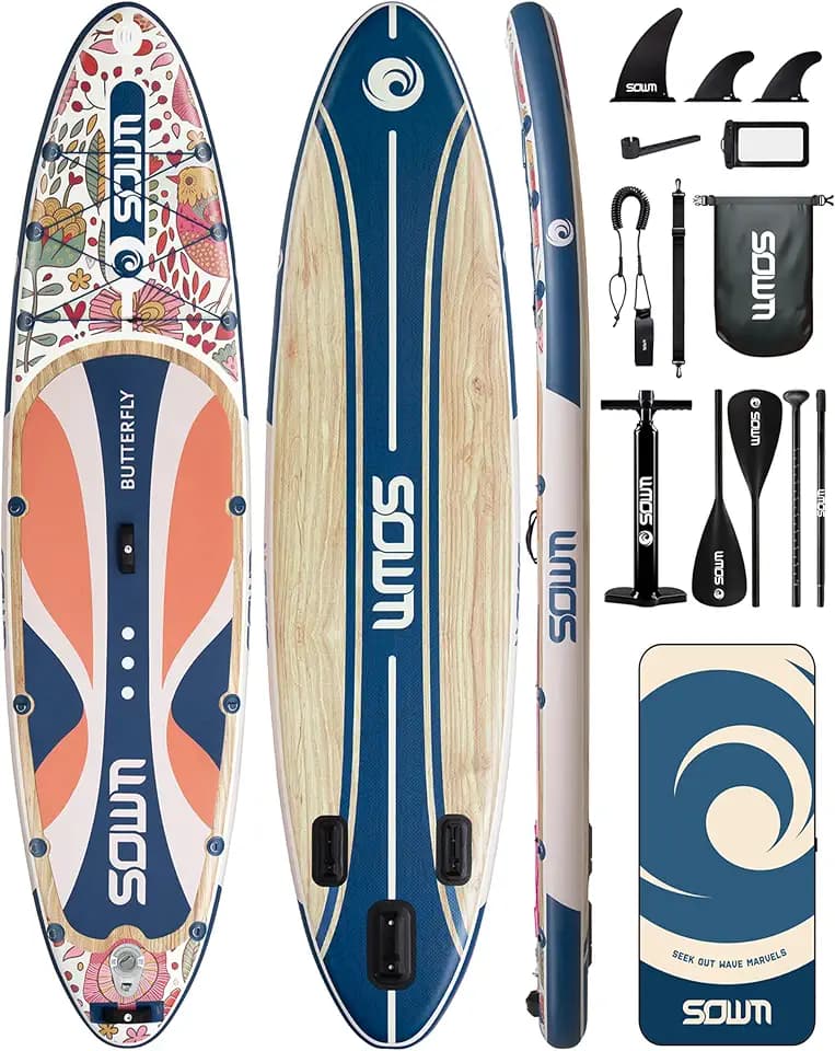 11'*33"/34" Inflatable Stand Up Paddle Board for Beginners,400/420lbs Capacity, Anti-Slip EVA Deck, Includes Adjustable Paddle, Pump, Backpack & SUP Accessories for Surfing, Fishing, Yoga & More
