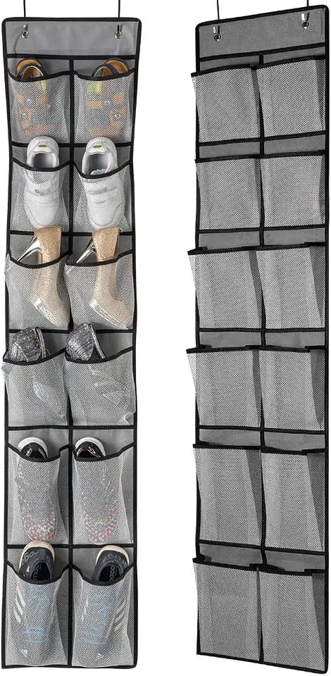 KEEPJOY Over The Door Shoe Organizer 2 Pack,Mesh Pockets Hanging Shoe Rack Over The Door,Shoe Storage Closet with 4 Hooks,Washable and Breathable Fabic,Large Size 57.5×12.6inch(Grey)