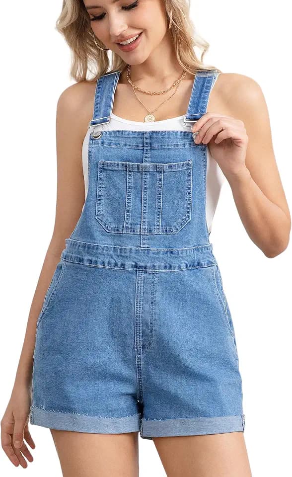 Women's Stretch Denim Overall Shorts with Adjustable Straps
