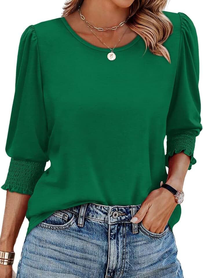 XIEERDUO Blouses for Women Dressy Casual 3/4 Length Sleeve Womens Tops with Smocked Cuffs