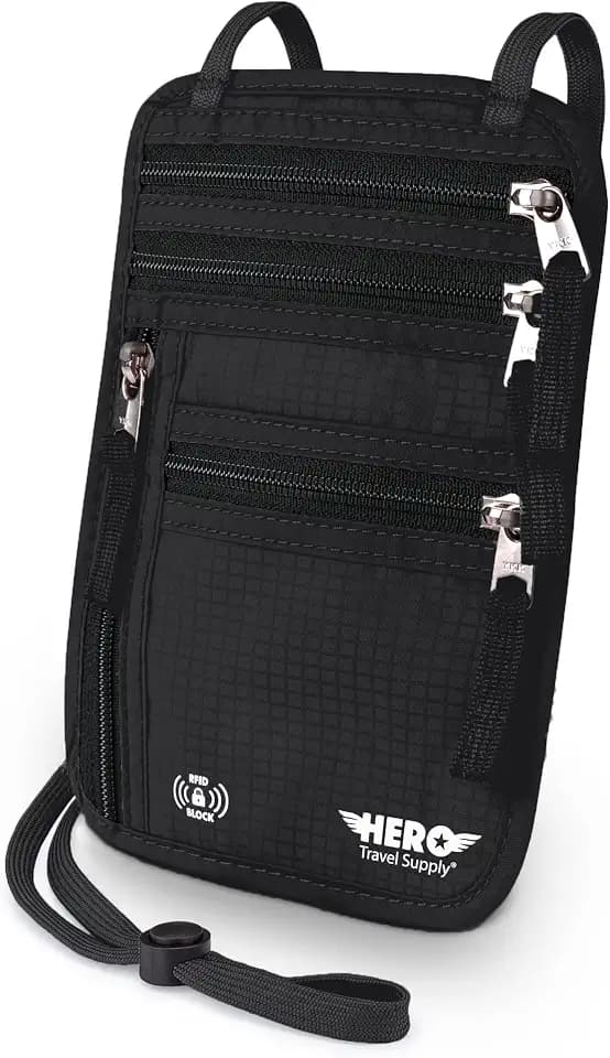 HERO Neck Wallet - RFID Blocking Passport Holder, Easy to Conceal Travel Pouch (Black)