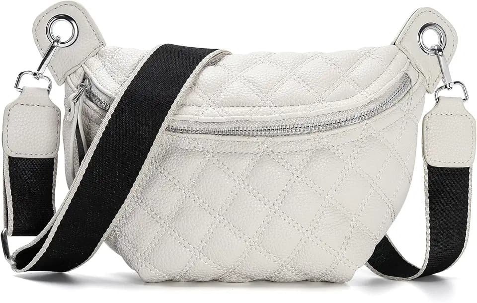 Women's Quilted Crossbody Waist Pack, PU Leather Fanny Pack Sling Bag with Adjustable Belt, Small Shoulder Purse for Travel, Daily Use (Off-white)