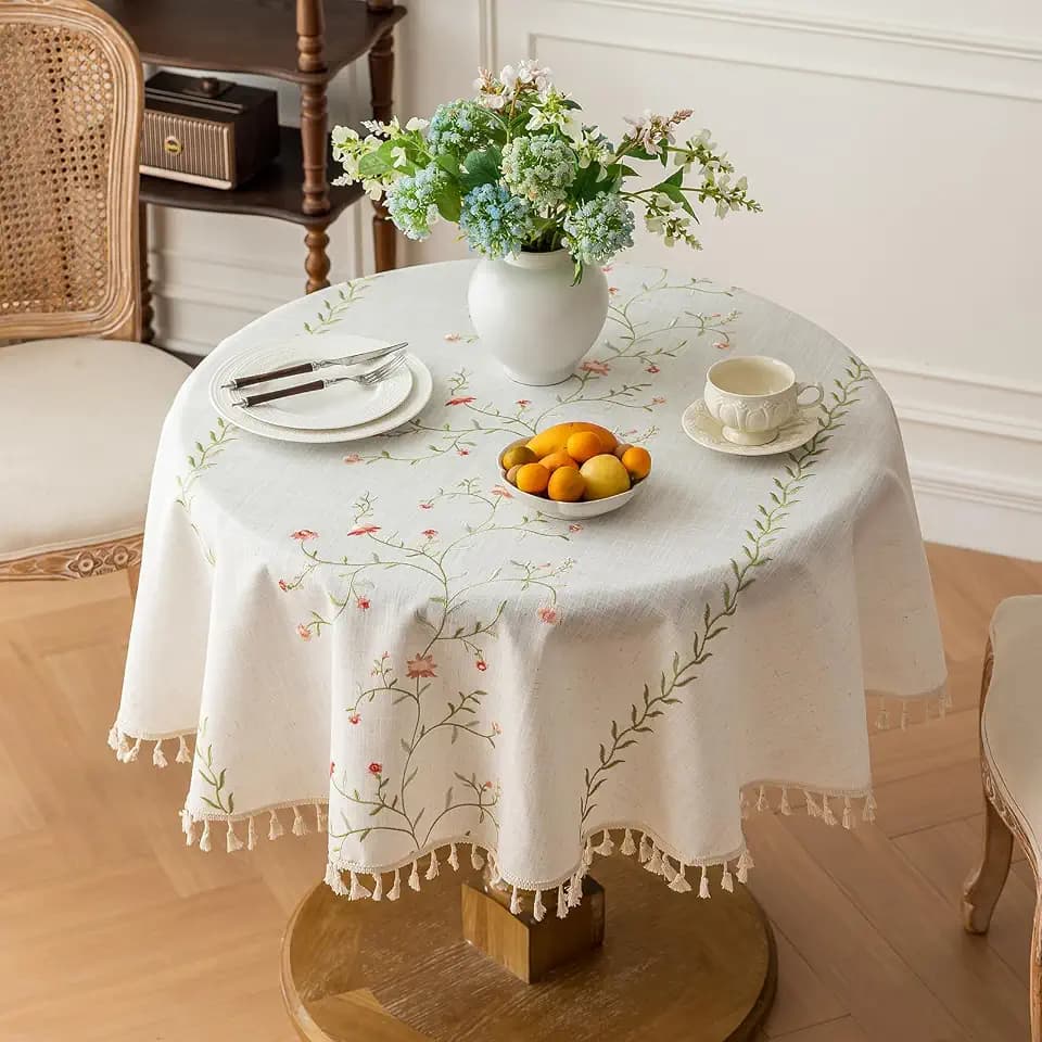 Joyfol Day Linen Waterproof Round Tablecloth with Tassels, Rustic Farmhouse Flowers Embroidery Table Cloths for Round Tables, Heavy Weight Spill-Proof Table Covers, Pink Florals, 55 inch