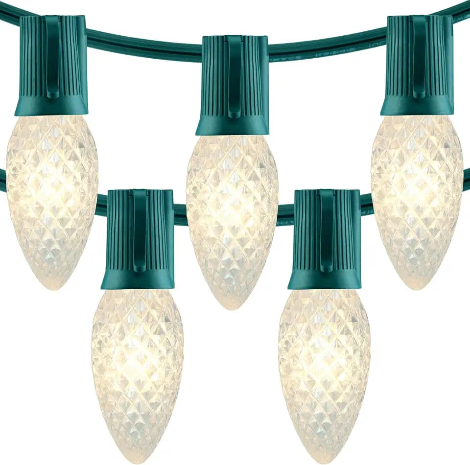 YULETIME Warm White C9 Christmas String Lights, 25 ft 25 LED Faceted Bulbs