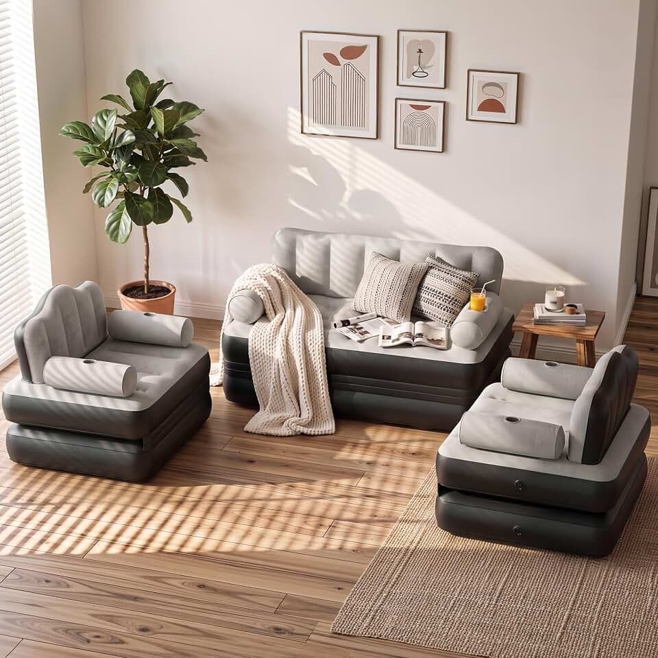 YITAHOME 3-Pc Air Sofa Bed Set with Pump, Queen and 2 Twin, Gray