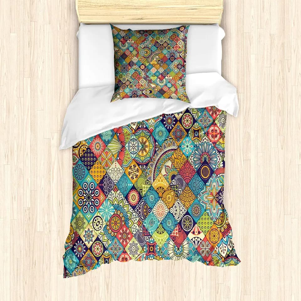 ABAKUHAUS Bohemien Bettbezug Set für Einzelbetten, Checkered Folk, Milbensicher Allergiker geeignet mit Kissenbezug,Türkis Rot Braun