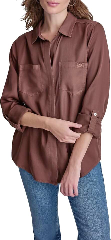DKNY Women's Splitback Long Sleeve Button Down with Cuffed Sleeve Shirt