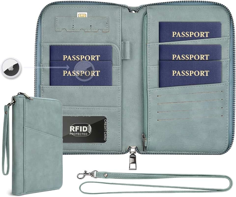 Family Passport Holder Wallet RFID Travel Document Organizer for Women Men, Portable Case Cover for Cards, Boarding Pass with Wrist & Neck Strap, Airtag Pocket, Travel Essentials Gifts (Blue, 1pack)