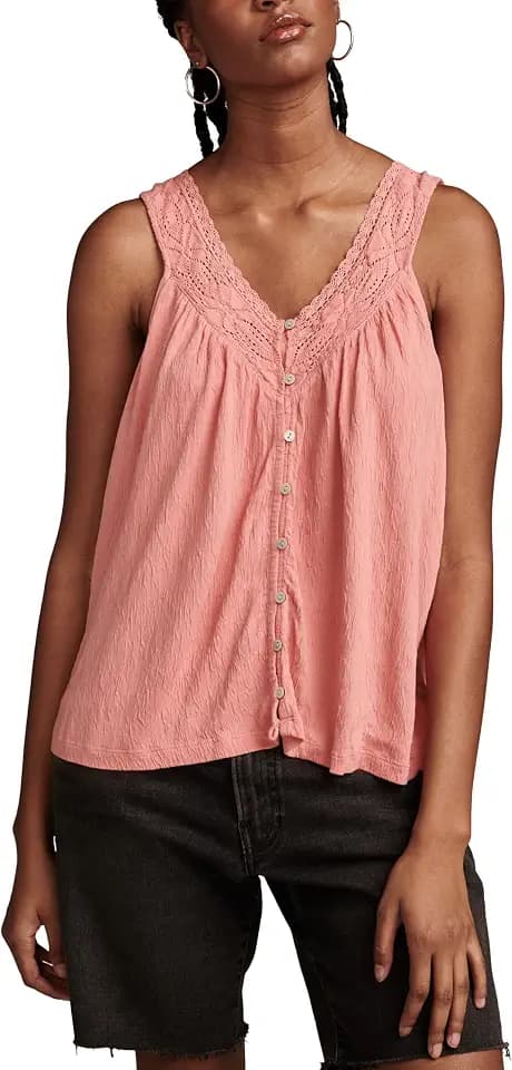 Lucky Brand Womens Lace Trim Tank Peach Blossom Medium