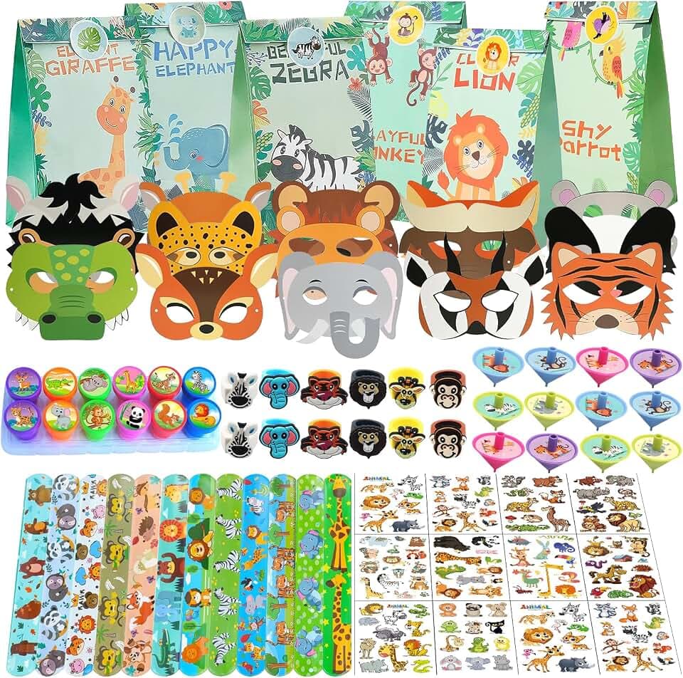 Dschungel Party Mitgebsel Set, Tiere Party Mitgebsel, Dschungel Mitgebsel, Tiere Geschenktüten, Kreisel, Ring, Masken, Tattoos Aufkleber, Schnapparmband, Spielzeug Stempel
