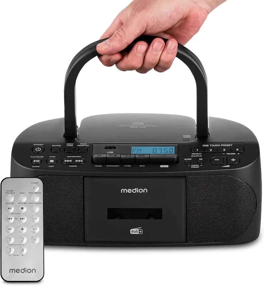 MEDION DRX-1 Plus Boombox (tragbares DAB+ UKW Radio, Bluetooth, CD-Player, MP3, Kassette, Kopfhöreranschluss, Stereo Sound System, AUX, Netz & Batterie) schwarz