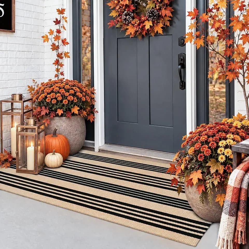 Striped Fall Door Mat 24"x51" Outdoor Rug Cotton Washable Fall Decor
