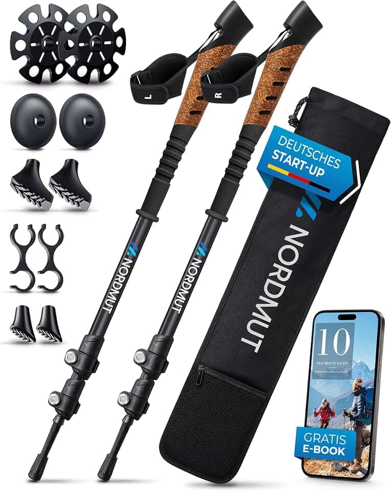 NORDMUT® Wanderstöcke Teleskop aus stabilen Aluminium oder Carbon - Leichte Nordic Walking Stöcke Damen und Herren - Komfortable Korkgriffe mit Eva-Schaum Verlängerung