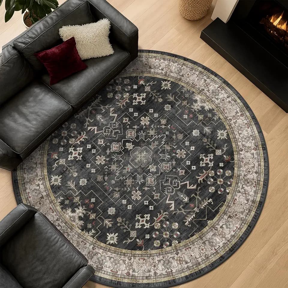 Round 7ft Big Rugs for Living Room - Black Boho Washable 7x7 Circle Area Rug for Bedroom, Dining Room Under Table, Non Slip & Low Pile Vintage Carpet Indoor Décor
