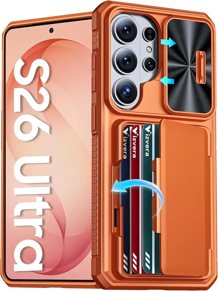 Vizvera for Samsung Galaxy S26 Ultra Case Wallet RFID [Cards Holder][Camera Cover][Edge Raised] Full Body Rugged Shockproof Silicone Phone Case for Galaxy S26 Ultra 6.9" 2026,Spritz Orange