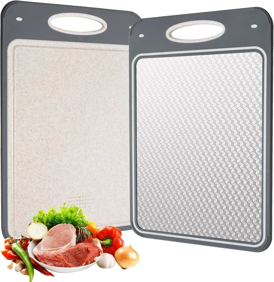 Cozary Doppelseitiges Schneidebrett, Edelstahl-Schneidebrett für die Küche, lebensmittelechter 304-Edelstahl und Weizenstroh, Cutting Board für Fleisch, Brot, Gemüse & Obst(35x24cm)