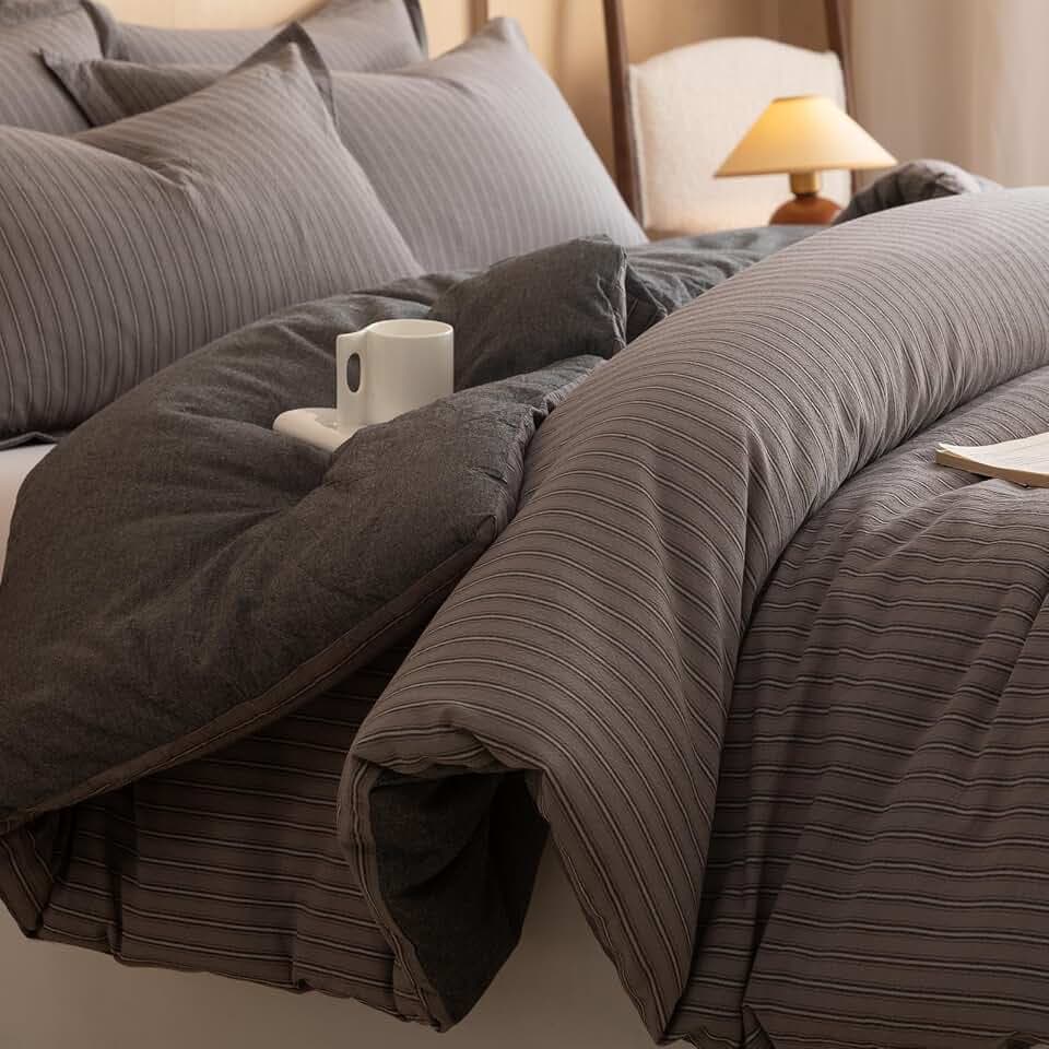100% Cotton Comforter Set Full Size – Reversible Yarn-Dyed Stripe Design, Soft Washed Cotton on Both Sides, Lightweight All-Season Bedding, Machine Washable(Dark Grey Stripe, 80"x90")