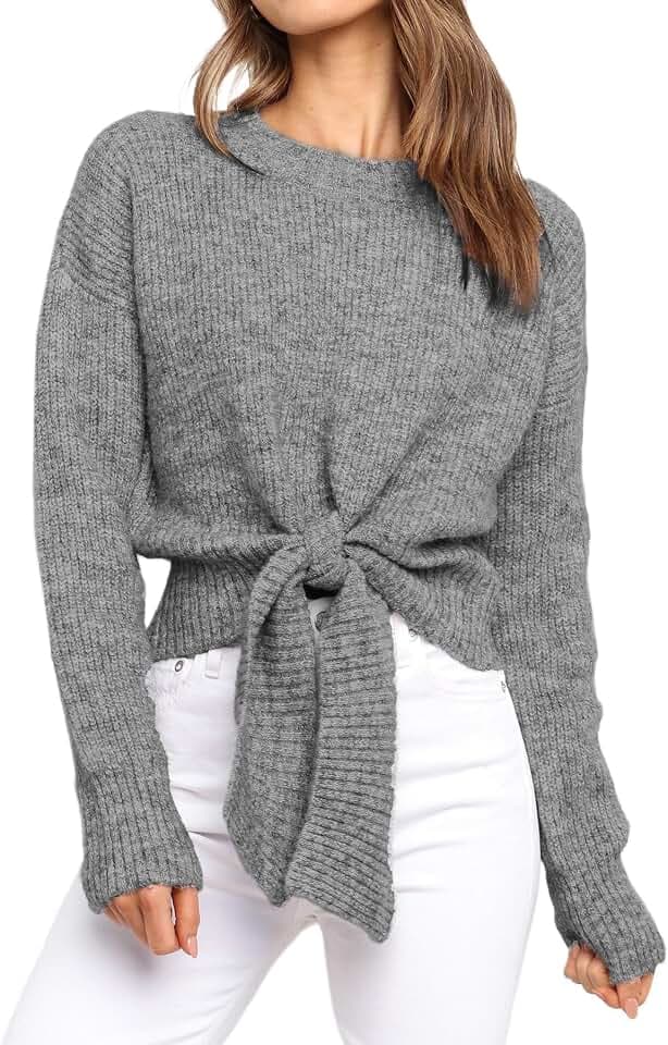Okiwam Womens Sweater Long Sleeve Crew Neck Tie Front Crop Tops