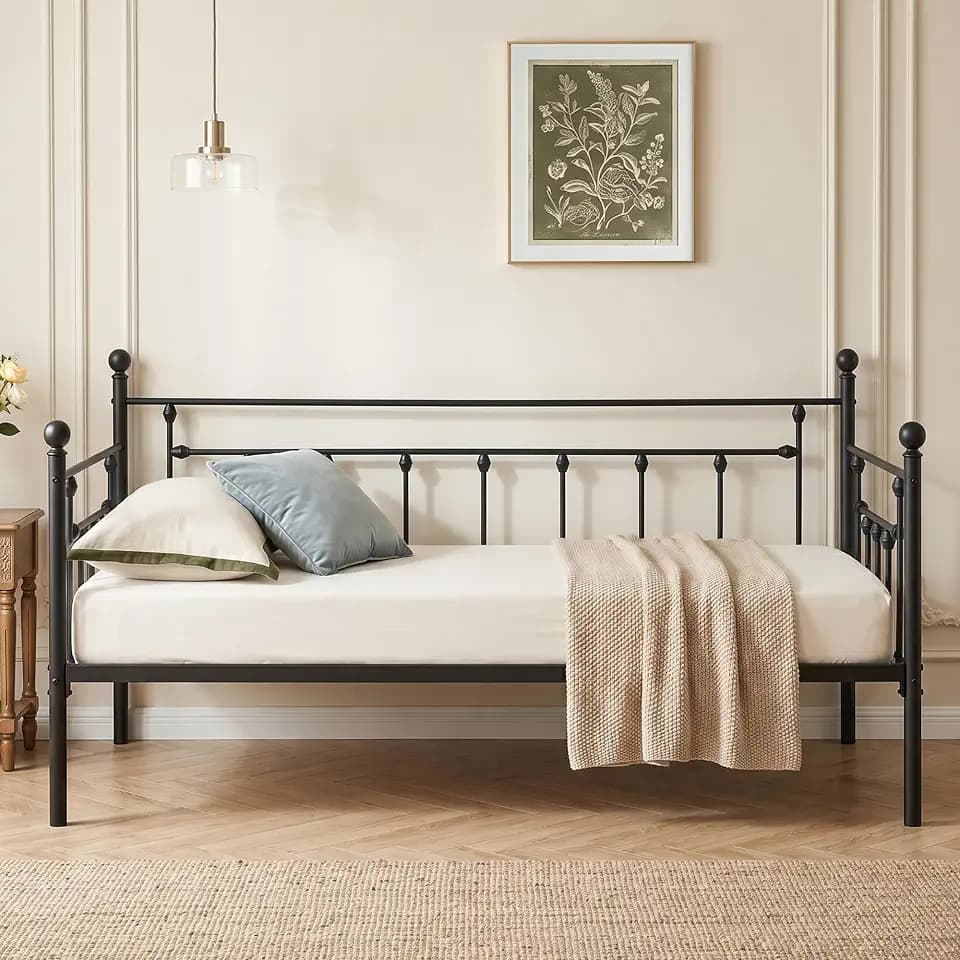 VECELO Daybed Frame, Twin Size Metal Platform Bed with Headboard,Heavy Duty Steel Slats Support for Living Room Bedroom Guest Room, Easy Assembly