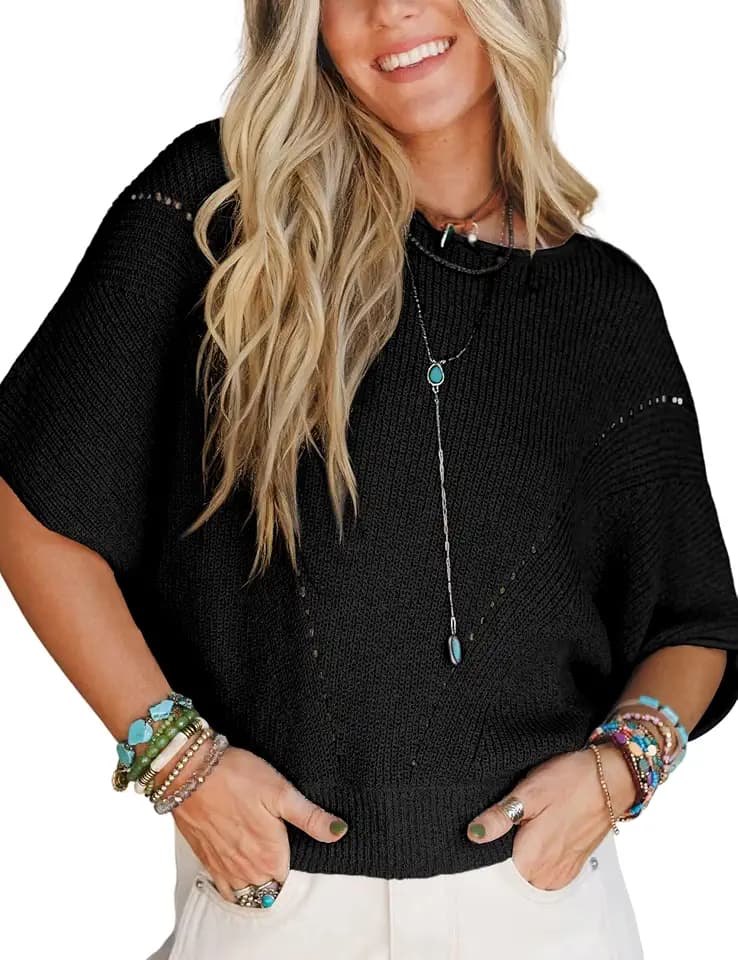 Womens Knit Sweater Top Half Batwing Sleeve Crew Neck Crochet Pullover Loose Casual T Shirt Blouse