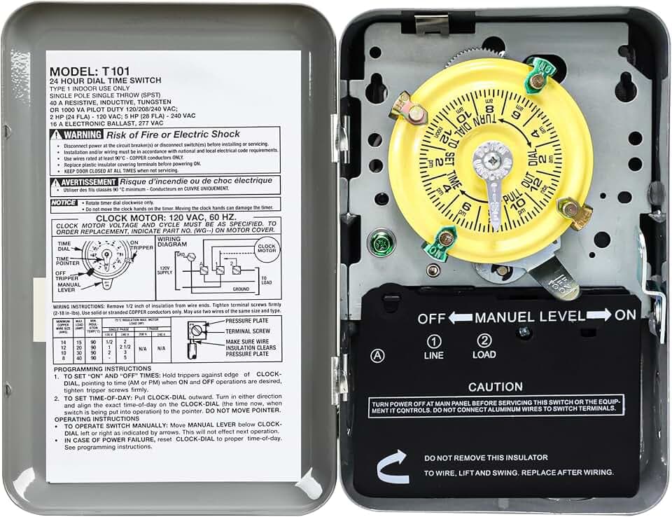 T101 Mechanical Timer Switch,120V AC SPST 40A,60Hz, Pool Pump Switch,Heavy Duty Pool Timers Outdoor,Timer for Lights HVAC Systems,24 Hour 12 ON/Off for Pump, 3 Years Warranty