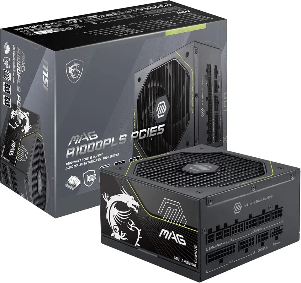 MSI MAG A1000PLS PCIE5, Fully Modular Gaming 1000W Power Supply, 80+ Platinum, Native 12V-2x6 Cables, GPU Safeguard, 105°C Main Capacitor, Fan Safeguard, ATX 3.1 & PCIe 5.1 Ready, 10 Year Warranty
