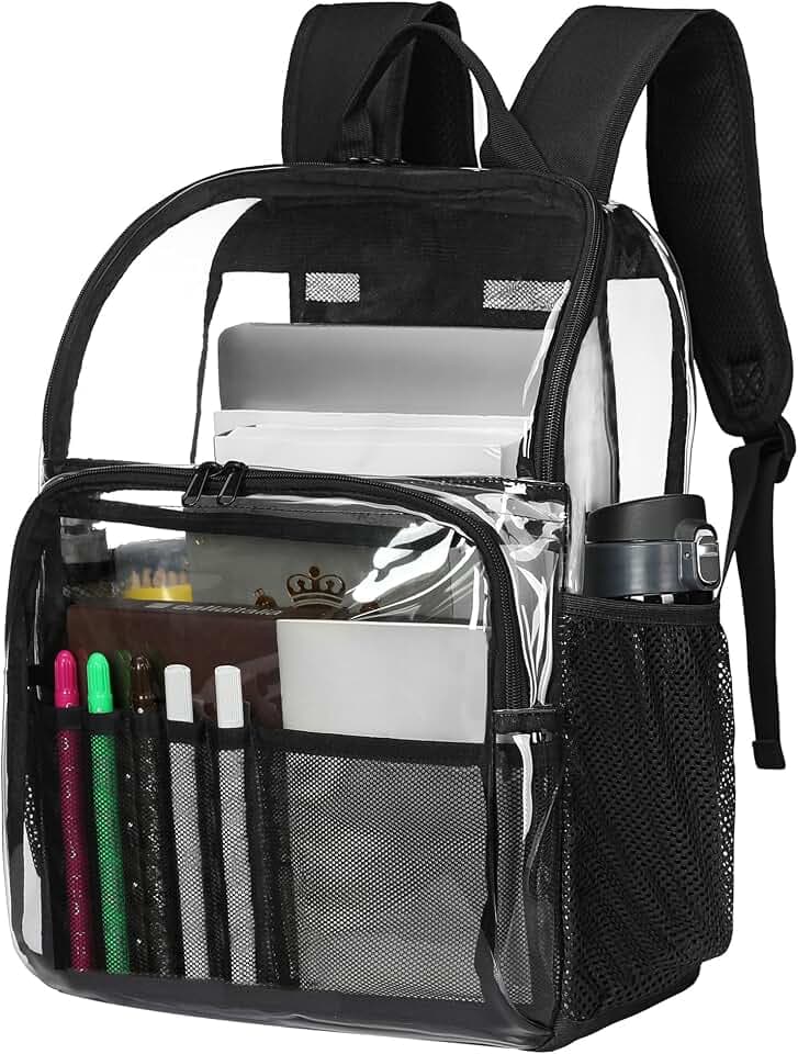 Clear Backpacks for School,18'' Large Clear Backpack Heavy Duty Clear Backpack See Through Backpack Clear Bookbag for Student,School,Work,Travel,Black