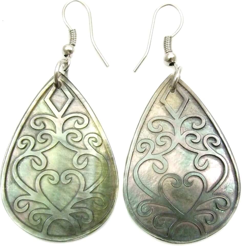 Hand Carved Ethnic Teardrop Mother of Pearl Dangle Earrings CA372-A