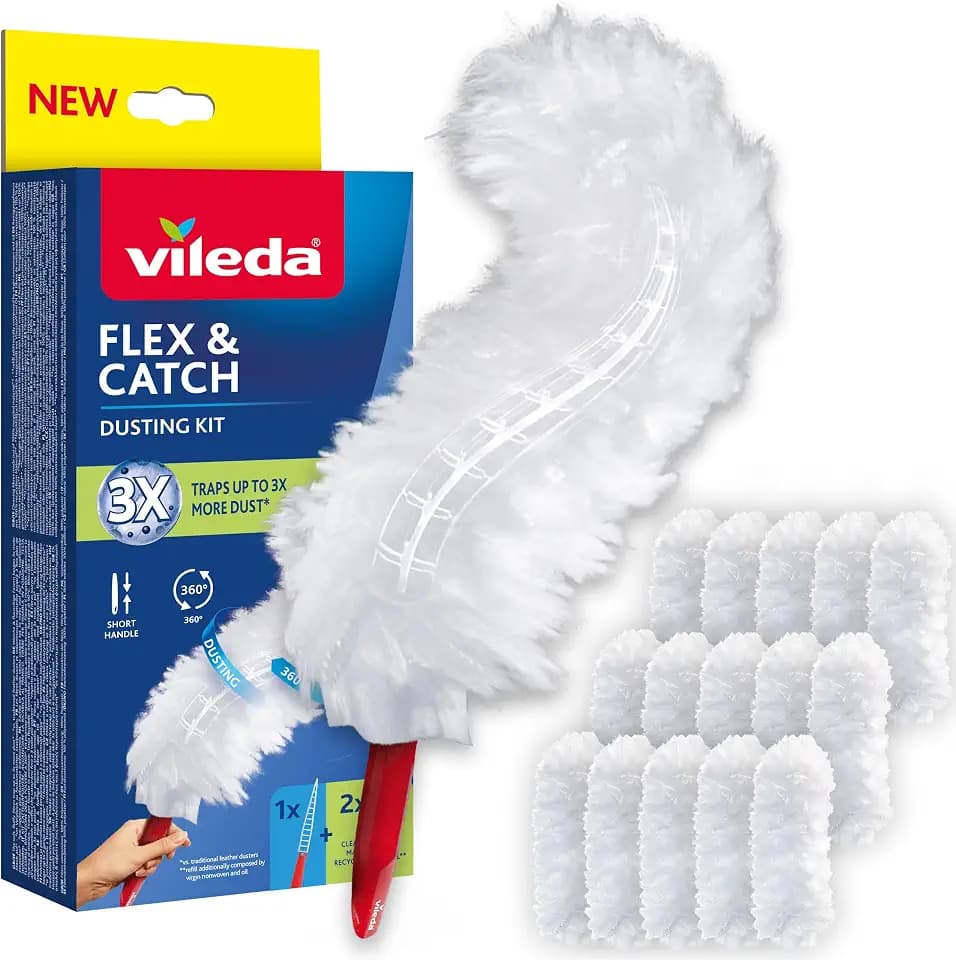 Vileda Flex & Catch Staubwisch-Starter-Set mit 15 Staubtüchern|Fängt 3X mehr Staub als herkömmliche Federstaubwedel |Nachhaltige 360°-Nachfülltücher|Fängt und bindet Staub