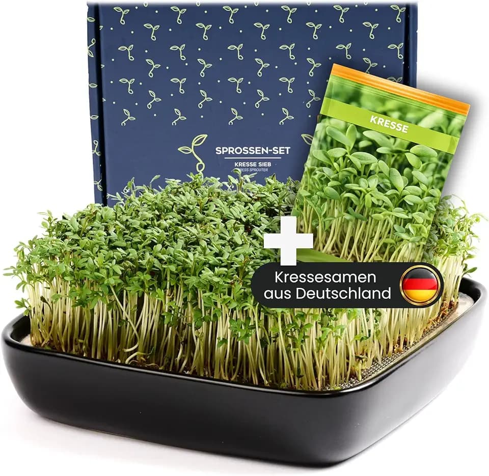 Otaro Kresse Anzuchtschalen inkl. Kressesamen aus Deutschland | Direkt Loslegen | Sprossen Anzuchtset | Edles Kressesieb | Keimschalen für Sprossen | (Schwarz - Premium Keramikset)