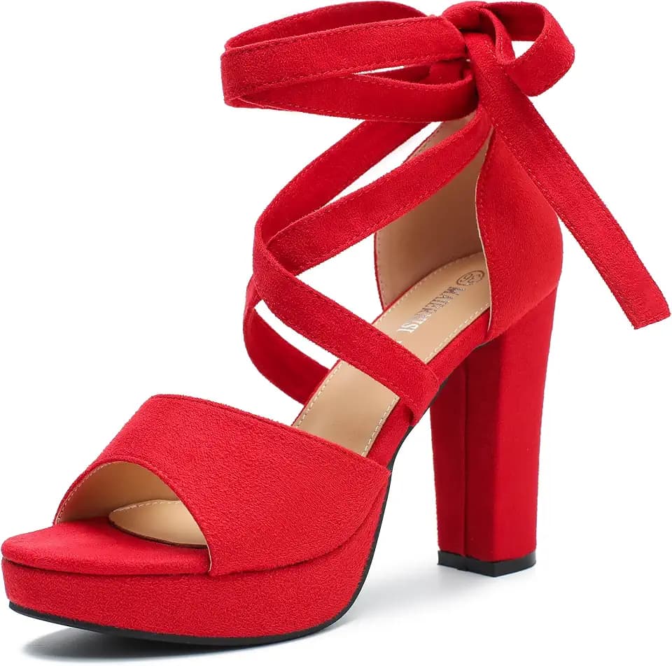 MAIERNISI JESSI Women's Strappy Platform Sandals, Chunky High Heel with Lace-Up Ankle Tie, Open Toe, 3.94 Inch
