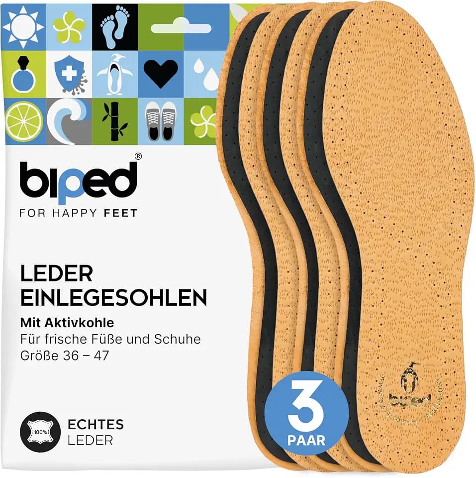 biped 3 Paar Premium Leder Schuheinlagen mit Aktivkohle - Sohlen gegen Schweißfüße - Weiche Leder Einlegesohlen Herren und Damen z1724